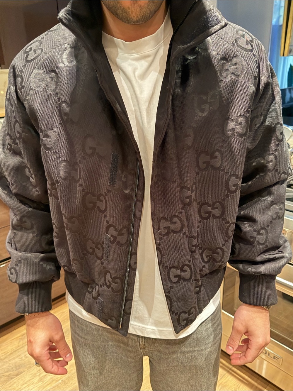 Gucci Black GG Monogram Bomber Jacket